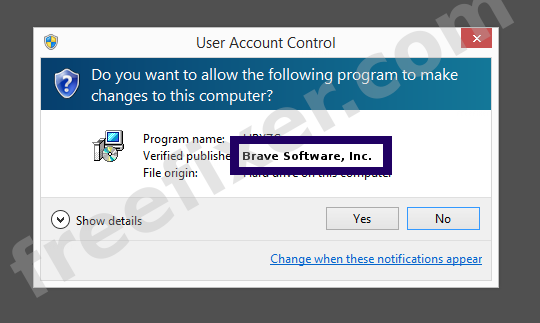 Screenshot where Brave Software, Inc. appears as the verified publisher in the UAC dialog